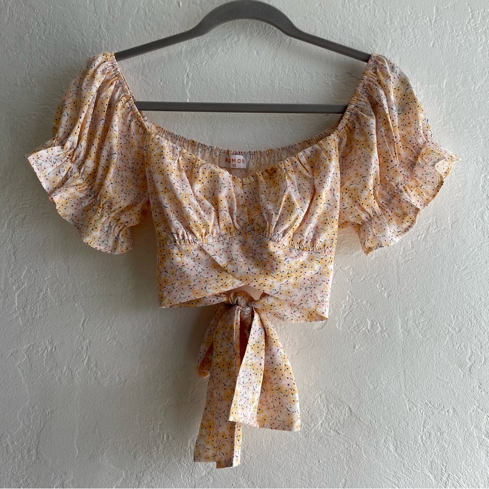 Cropped Floral Short-Sleeve Crossover Wrap Top